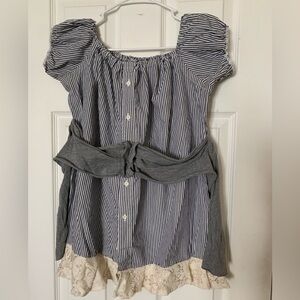 Size XL Women’s Blouse Navy and White Striped Off the Shoulder Tie at Waist NWOT